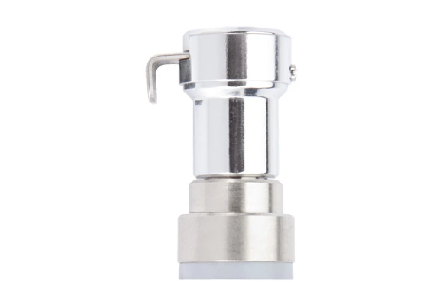 Silver-colored metal adapter connector with a latch, isolated on a white background.