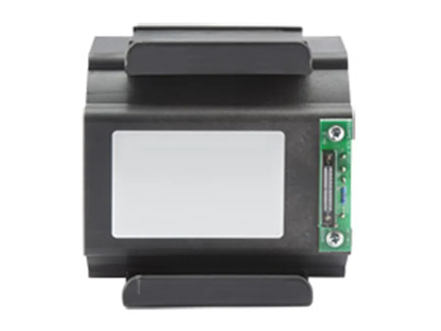 Rectangular electronic device with a gray center panel, black housing, and a small green circuit board with visible screws on the right side.