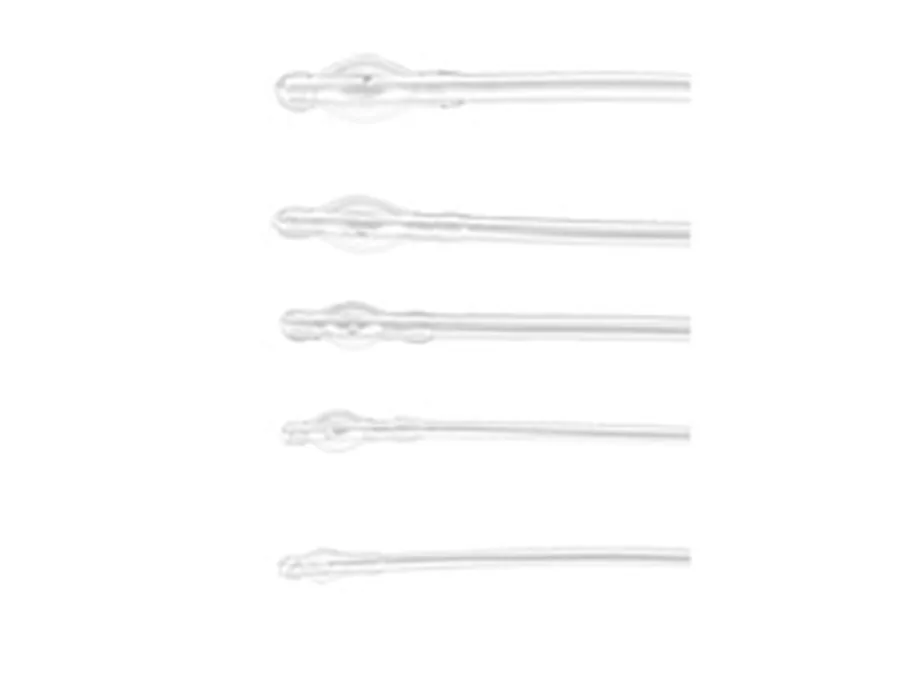 Five clear plastic pipettes with varying tip shapes are aligned horizontally against a white background.