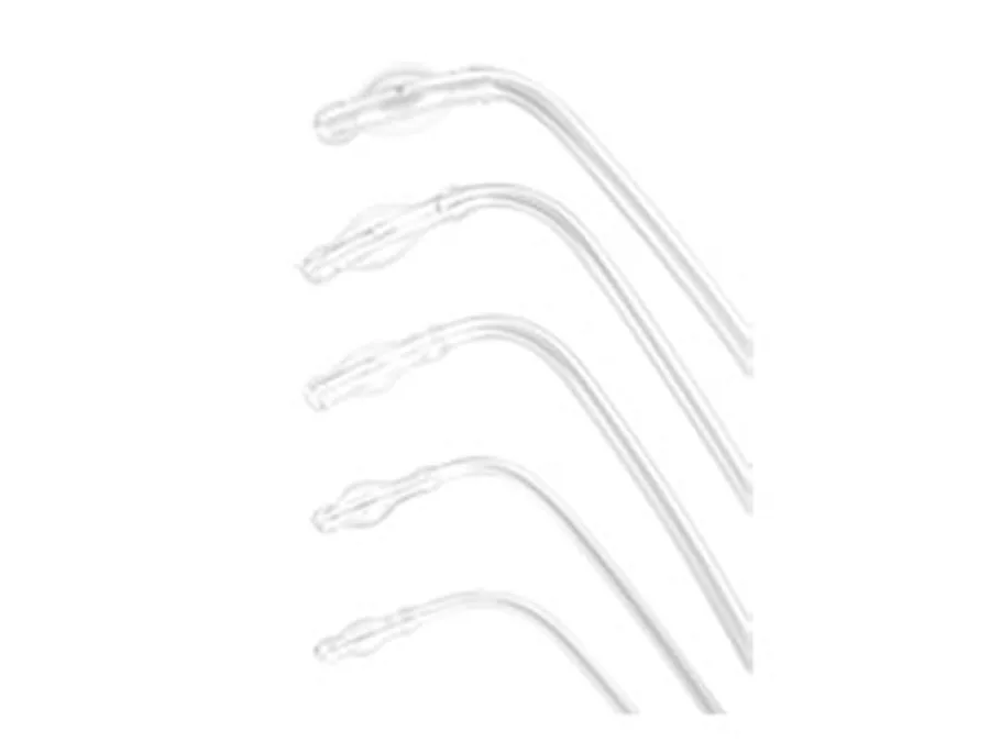 Five clear, curved medical suction tips are arranged in a diagonal line on a white background.
