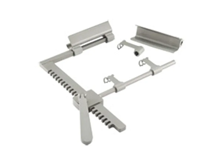 A set of stainless steel surgical retractors and tools arranged on a white background.