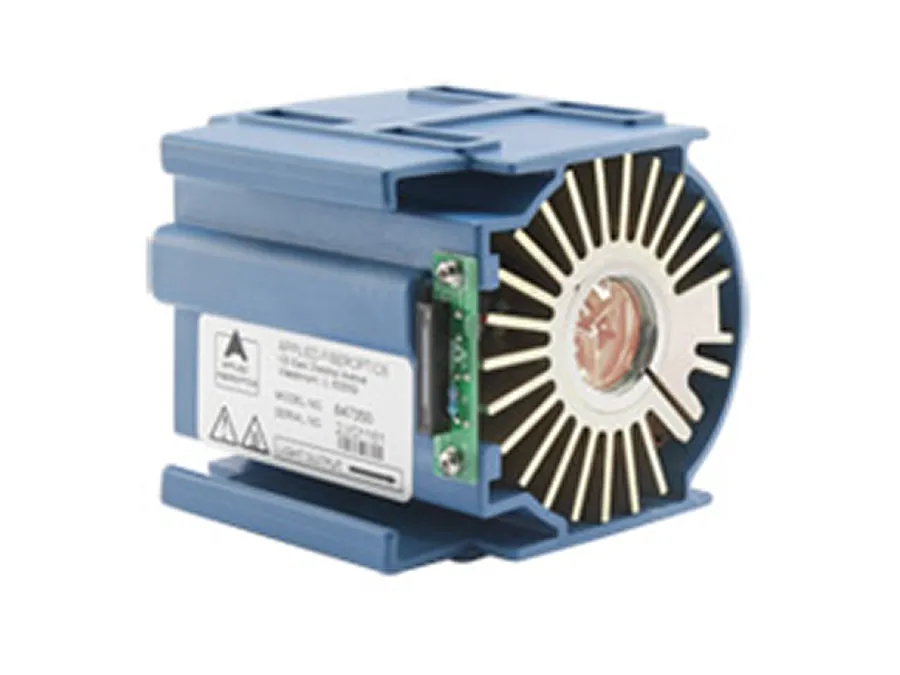A blue industrial rotary encoder with a visible metal shaft and labeled side panel.