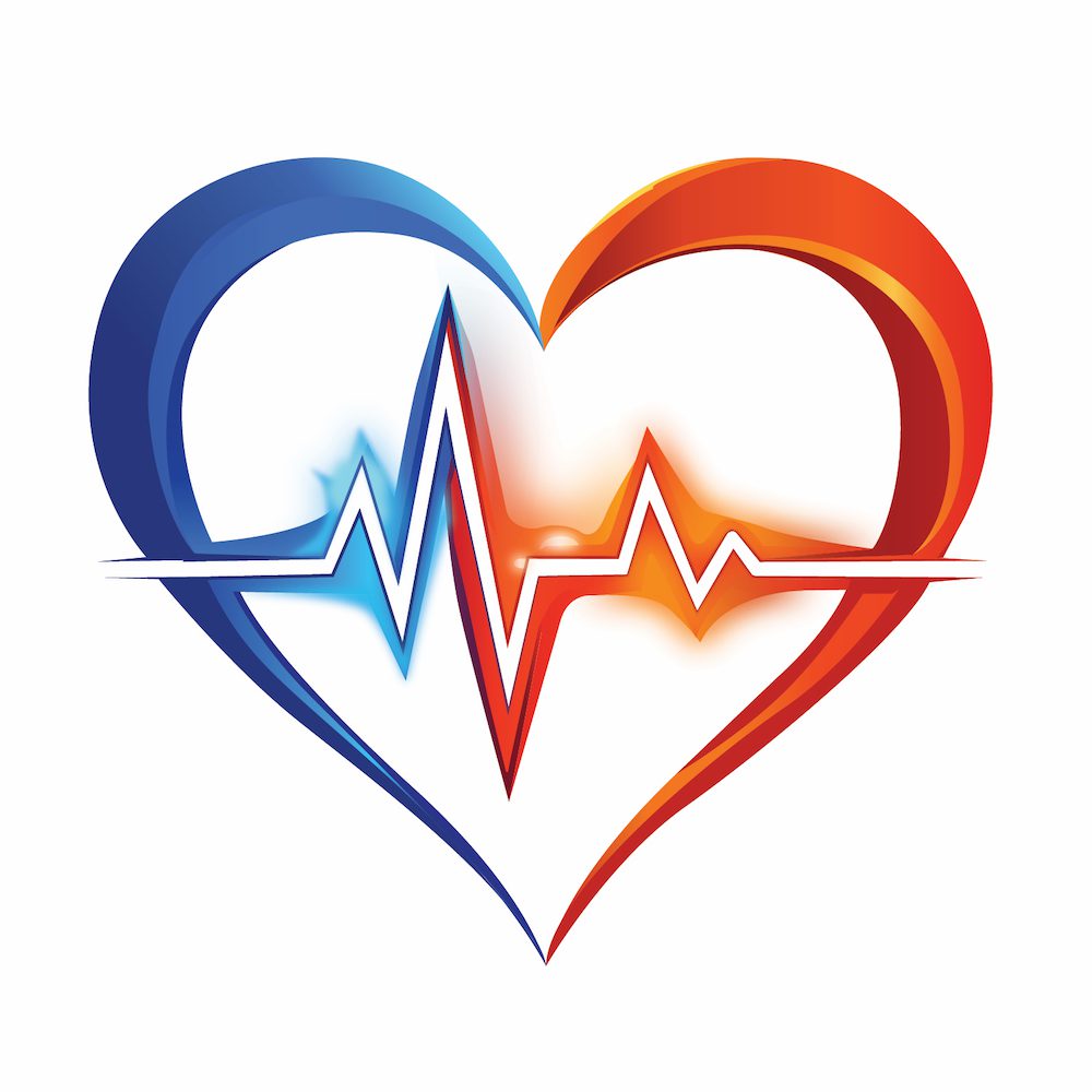 A heart outline in blue and red with an electrocardiogram line running through the center, symbolizing heart health or medical monitoring.