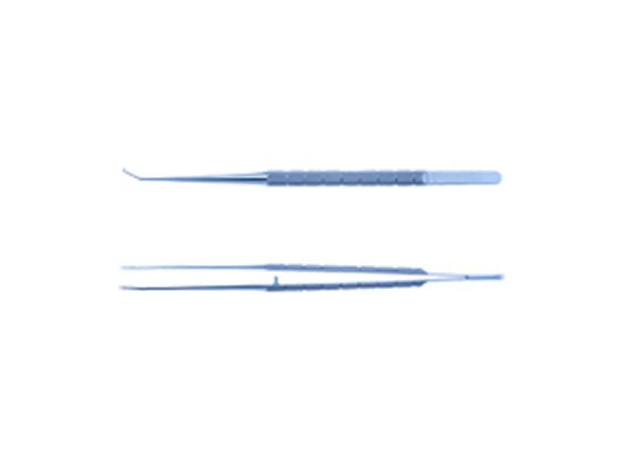 Two metal surgical forceps are shown, one with a straight tip and one with an angled tip, displayed on a white background.