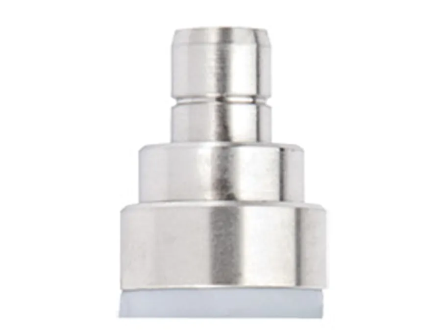 A stainless steel hose barb fitting with a stepped design and a white plastic base, shown against a plain white background.