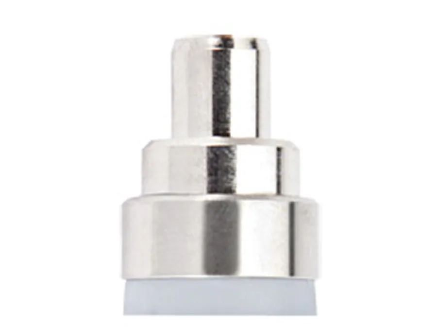 Close-up of a metallic cylindrical object with a white base, possibly a connector or adapter, photographed against a plain white background.