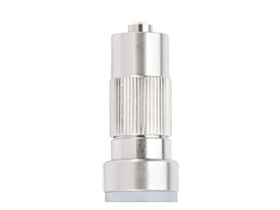 A metallic coaxial cable connector with a knurled grip, shown vertically against a white background.