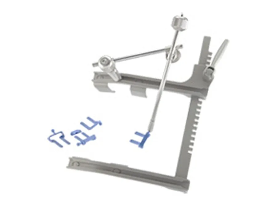 A metal surgical retractor system with adjustable arms and blue plastic attachments is displayed on a white background.