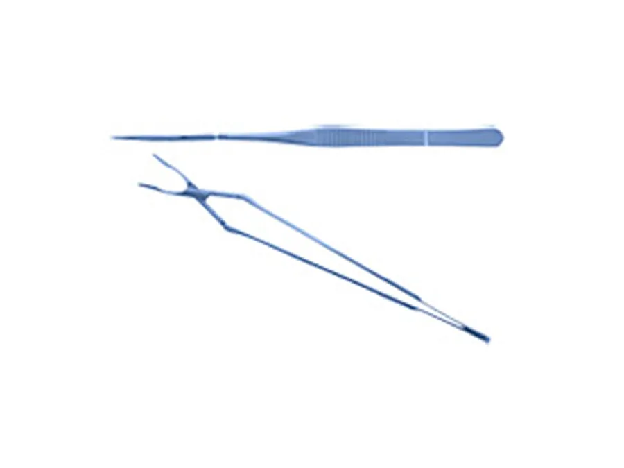 Two blue surgical forceps are shown on a white background, one with straight tips and one with curved, scissor-like tips.