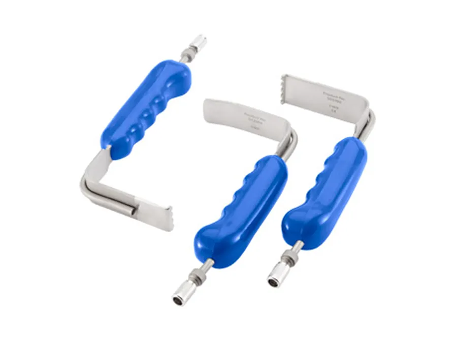 Three surgical instruments with blue ergonomic handles and curved metal blades are displayed on a white background.