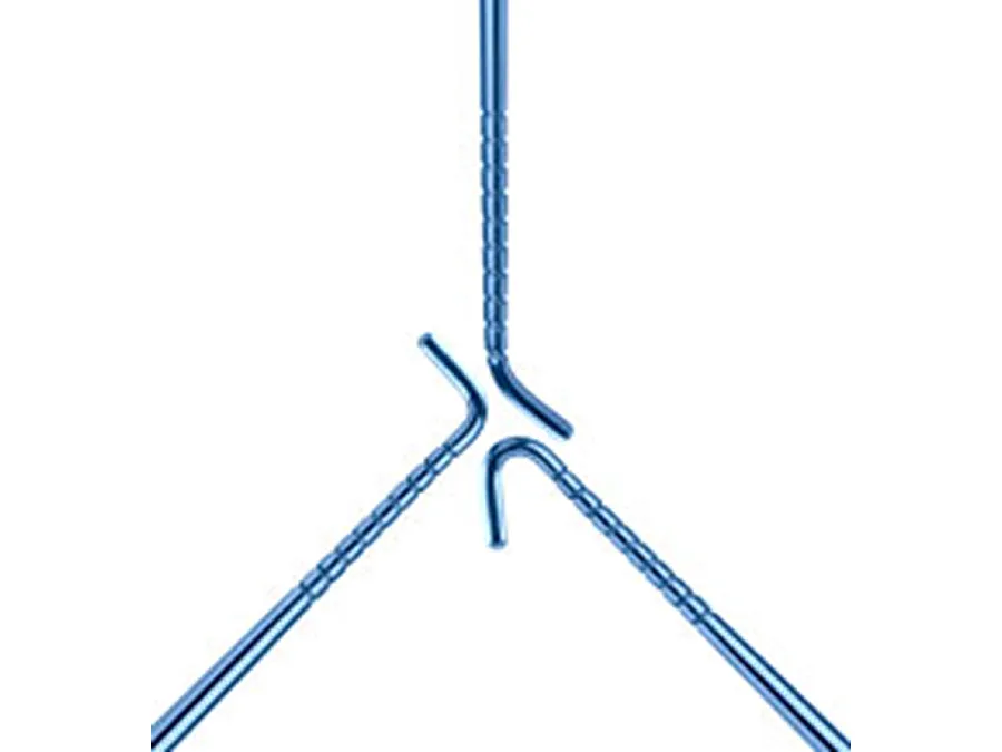 Three blue rebar rods are joined together, with the middle rod bent at an angle and the other two rods extending outward, forming a Y-shaped structure.