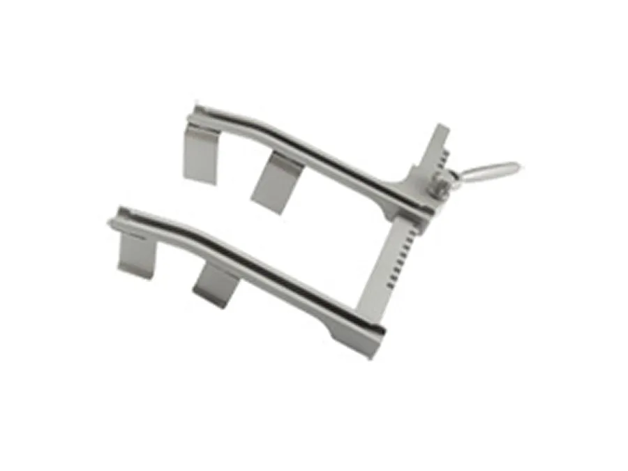 A stainless steel medical retractor with adjustable arms and curved blades, used to hold open incisions during surgical procedures.