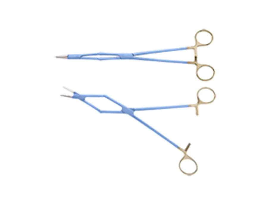 Two blue and gold surgical forceps with finger rings, positioned side by side on a white background.