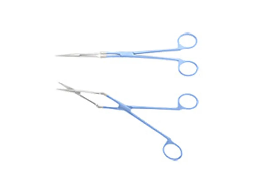 Two blue surgical scissors with finger ring handles are shown, one closed and one open, on a white background.