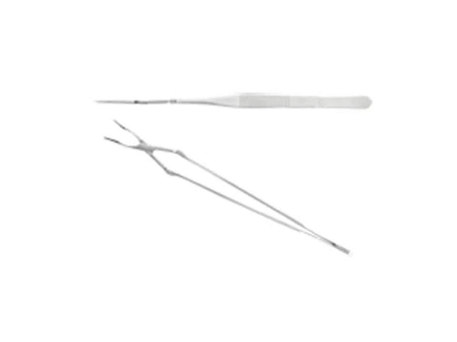 Two stainless steel surgical instruments, including precision forceps and a needle holder, displayed on a plain white background.