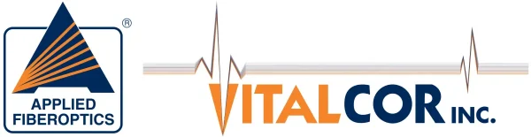 Applied Fiberoptics and Vitalcor Inc. logos side by side, with an orange and blue color scheme and a heartbeat line running through the Vitalcor logo.