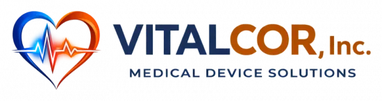 Logo for Vitalcor, Inc. featuring a heart shape with a heartbeat line and the text "VITALCOR, Inc. Medical Device Solutions.